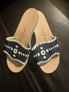 Jack Rogers Navy Leather Slide Sandals with White Stitching